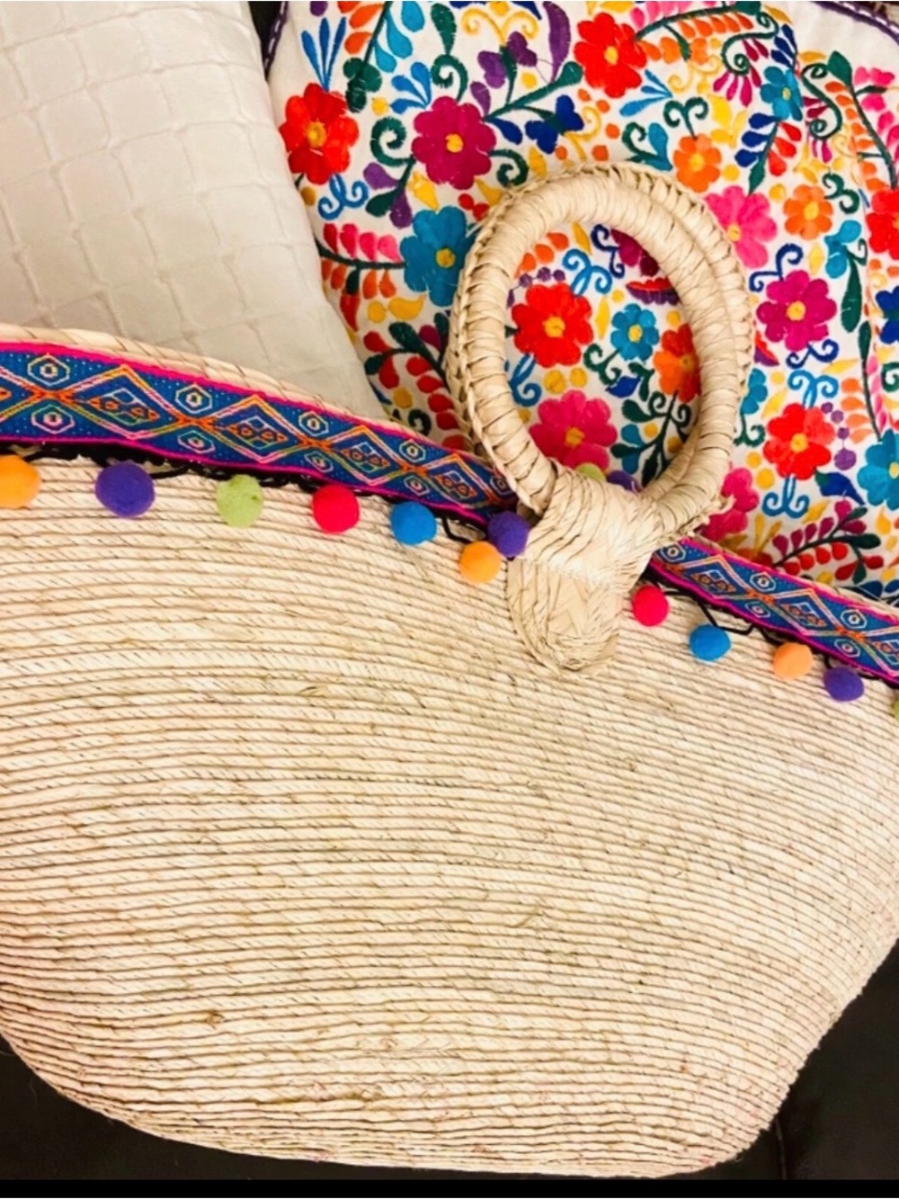 Natural Straw Satchel with Multicolor Pom Trim